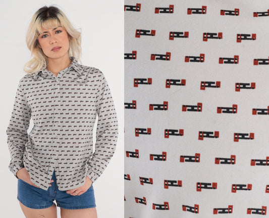 70s Grey Abstract Print Button-Up Blouse Dagger Collar Long Sleeve Medium