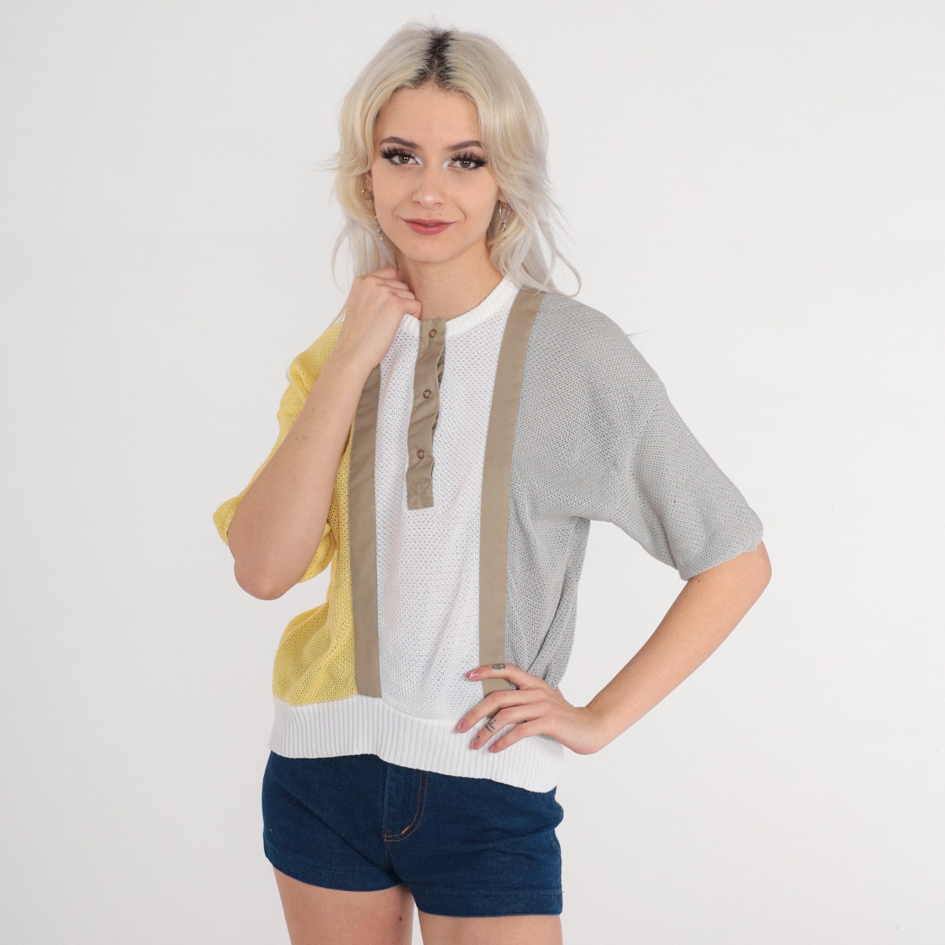 80s Sheer Color Block Knit Top Short Sleeve Henley Yellow White Grey Small