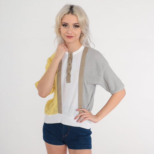 80s Sheer Color Block Knit Top Short Sleeve Henley Yellow White Grey Small