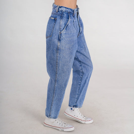 90s Bill Blass High Waist Pleated Tapered Denim Jeans Blue Small