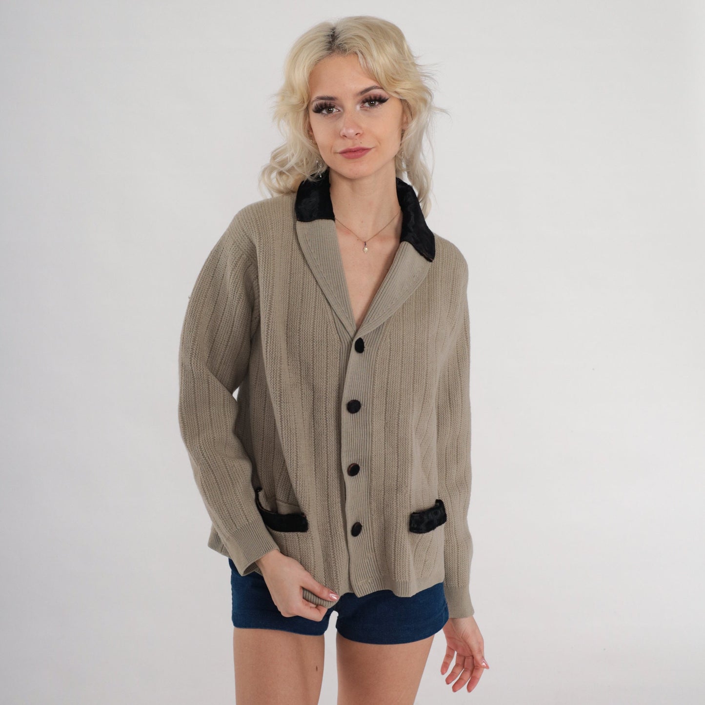 60s Taupe Wool Cardigan Leather Trim Shawl Collar Ribbed Knit Medium