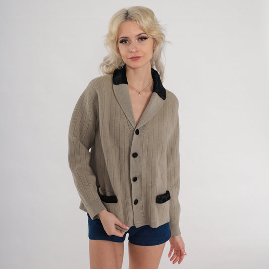60s Taupe Wool Cardigan Leather Trim Shawl Collar Ribbed Knit Medium