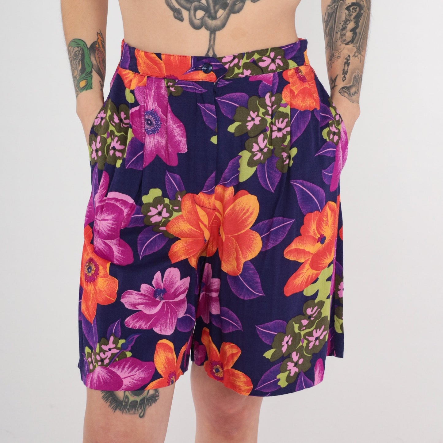 90s Tropical Floral High-Waist Shorts Purple Orange Rayon Medium