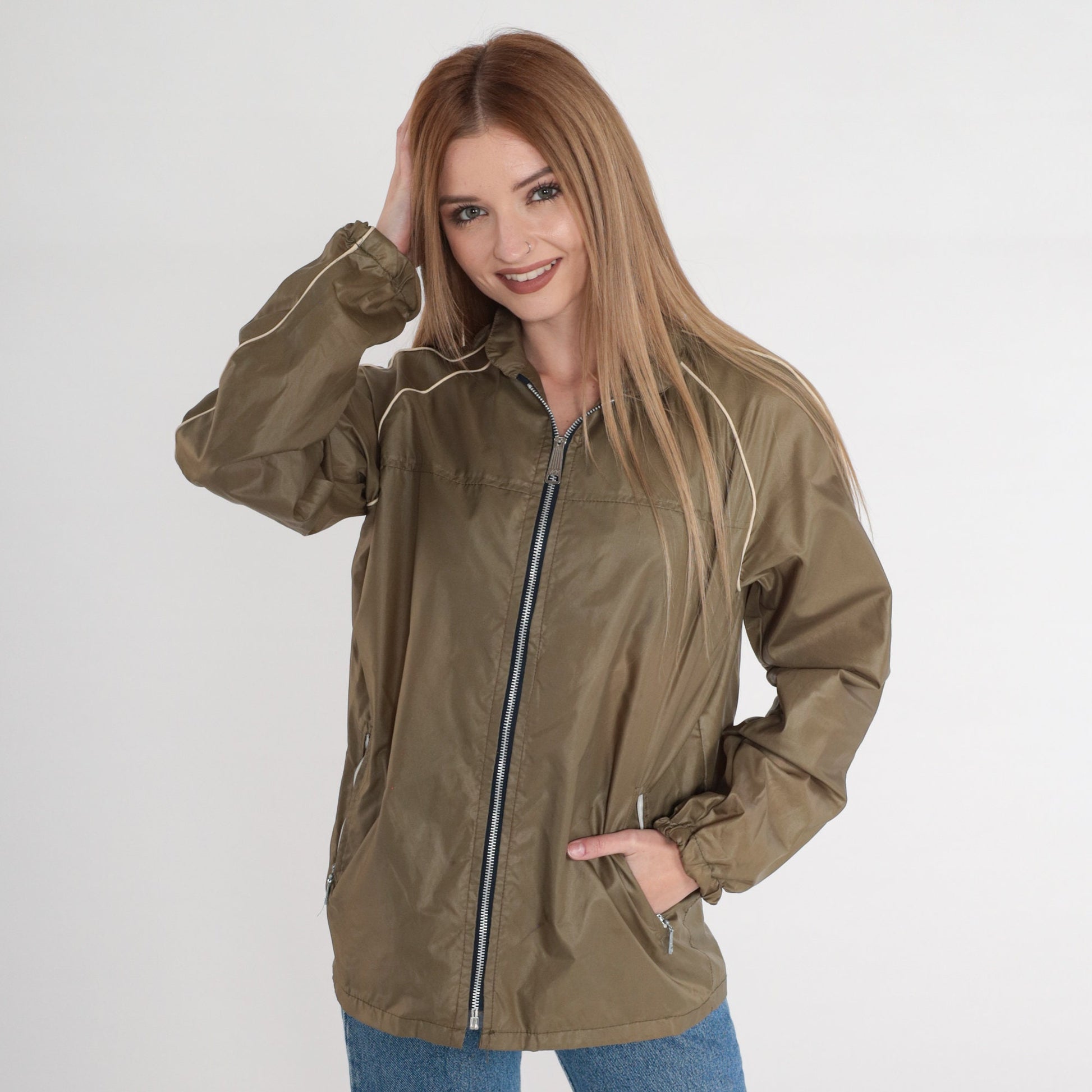 70s Olive Brown Nylon Windbreaker Jacket Zip Hood Large L