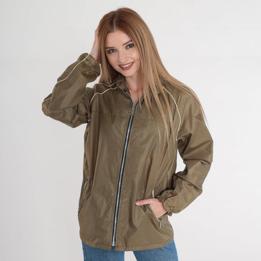 70s Olive Brown Nylon Windbreaker Jacket Zip Hood Large L