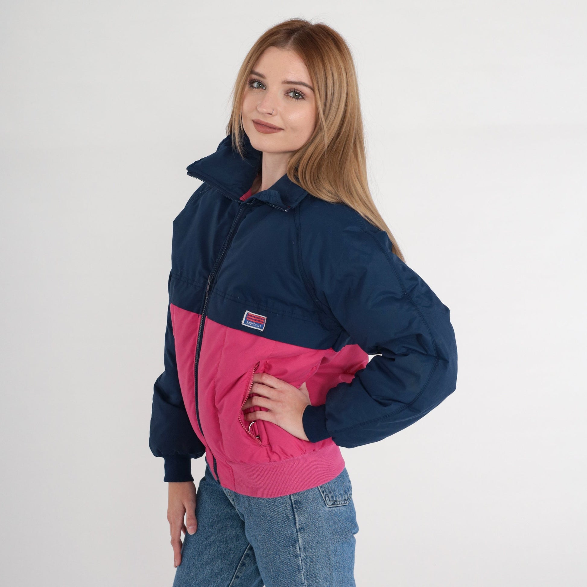 80s Sport Club Goose Down Puffer Jacket Navy Pink Color Block Ski Coat XS