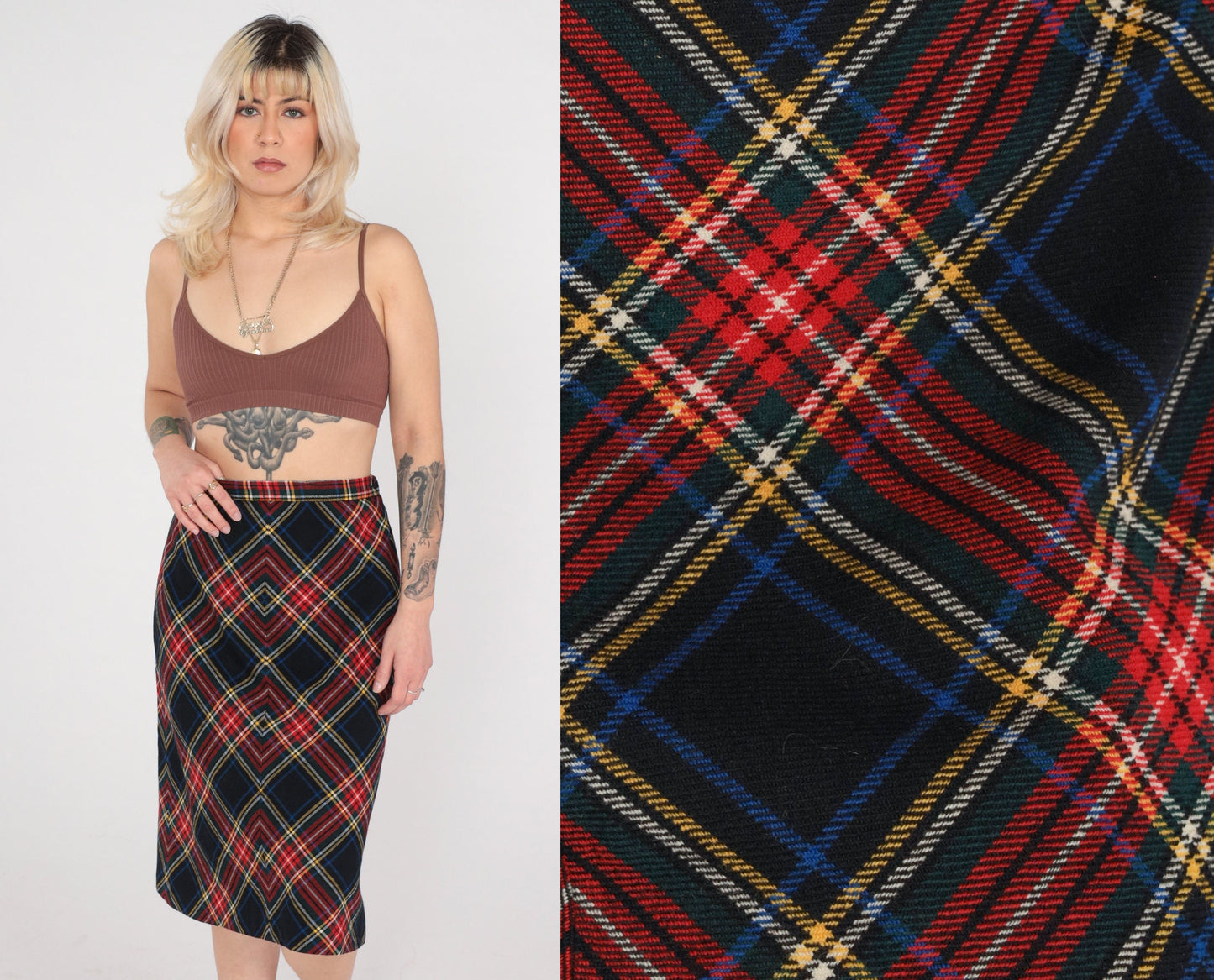 70s Wool Plaid Midi Skirt High Waist Black Red Tartan Small S