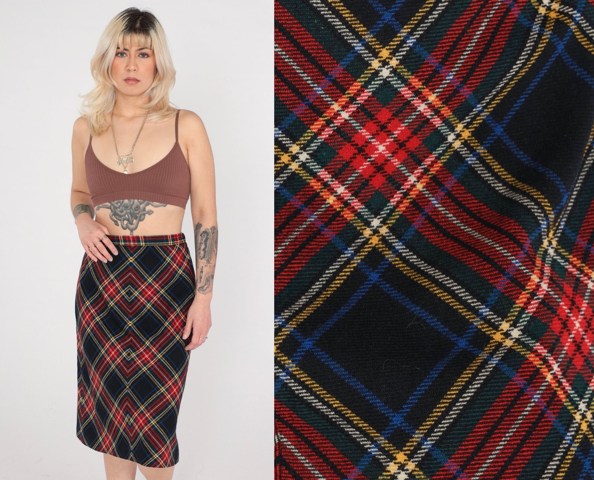 70s Wool Plaid Midi Skirt High Waist Black Red Tartan Small S