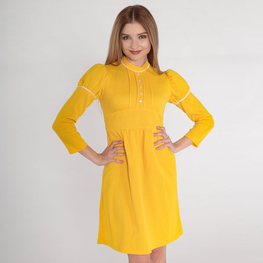 70s Yellow Babydoll Mini Dress Puff Sleeve Empire Waist XXS