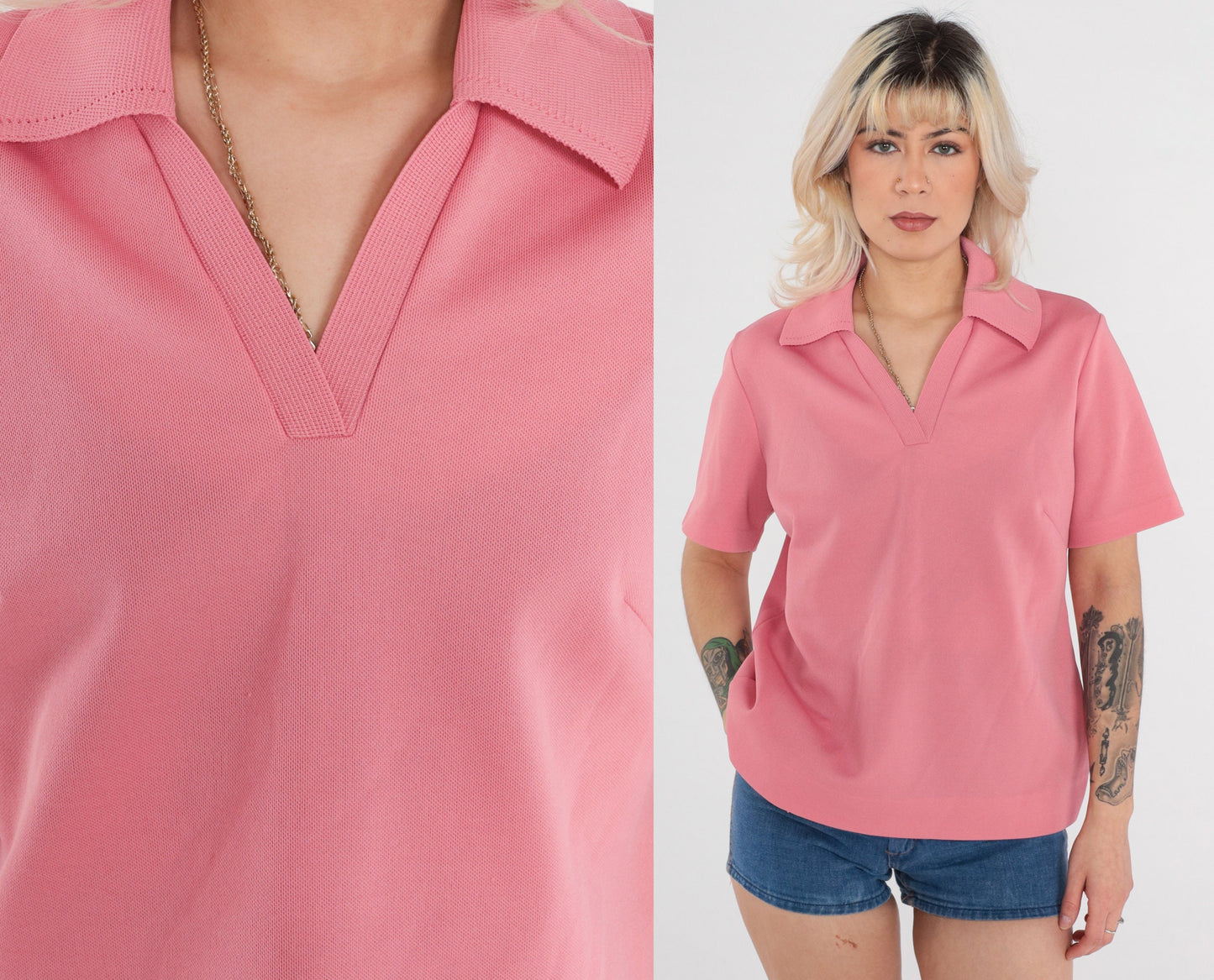 70s Pink Collared V-Neck Polo Shirt Short Sleeve Large L