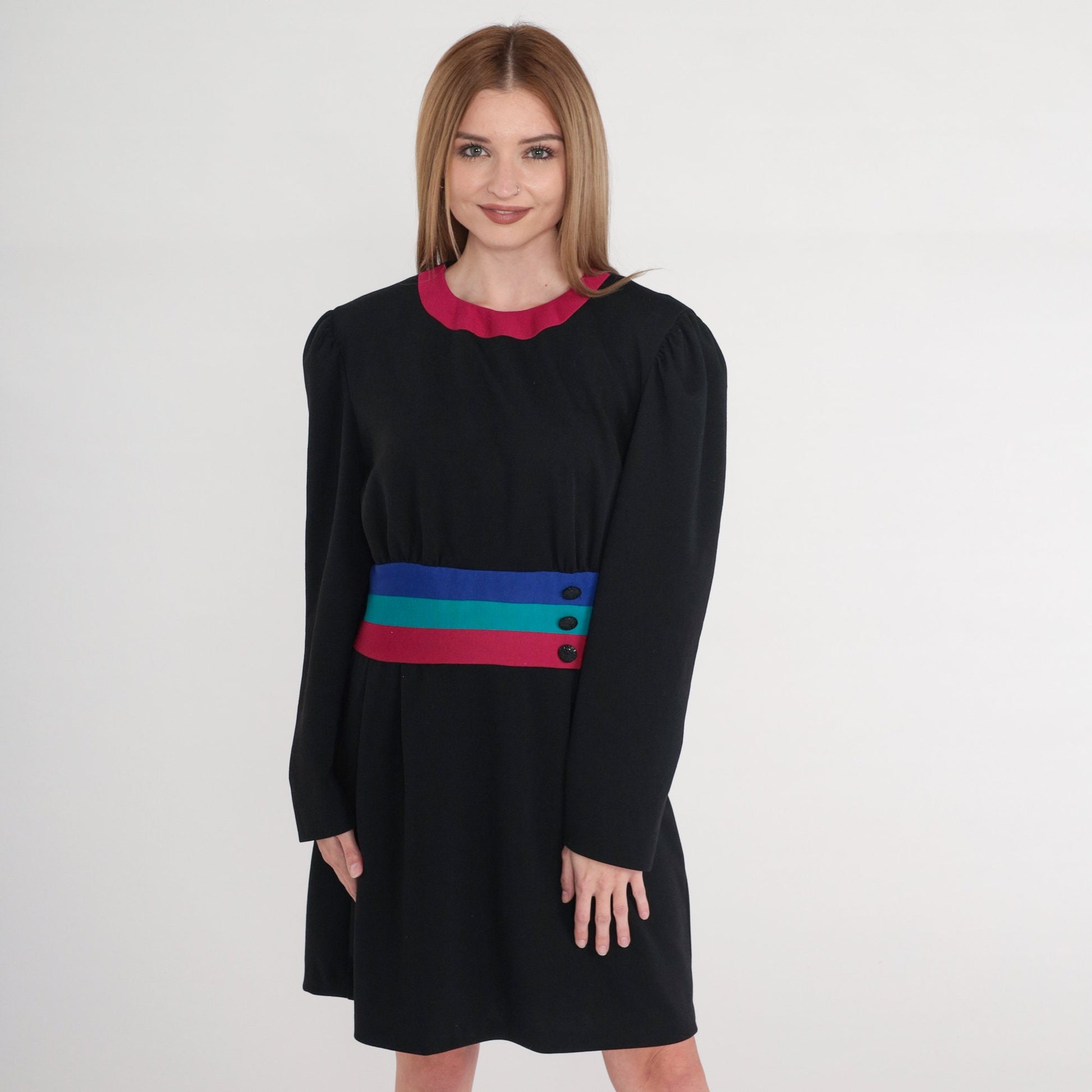 80s Leslie Fay Black Striped Mini Dress Puff Sleeve Shift Medium Large