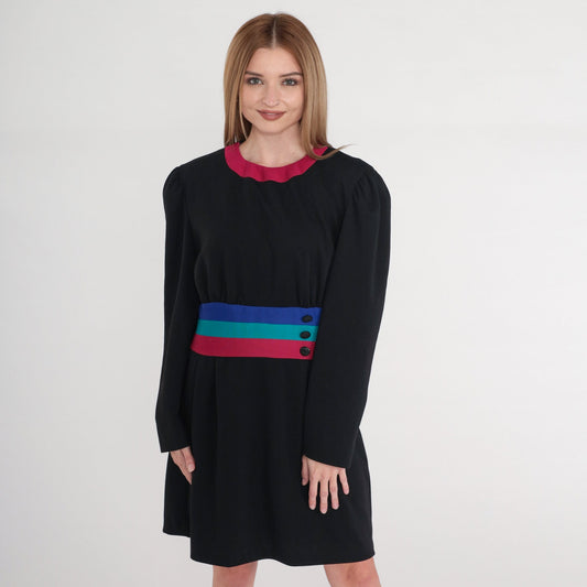 80s Leslie Fay Black Striped Mini Dress Puff Sleeve Shift Medium Large