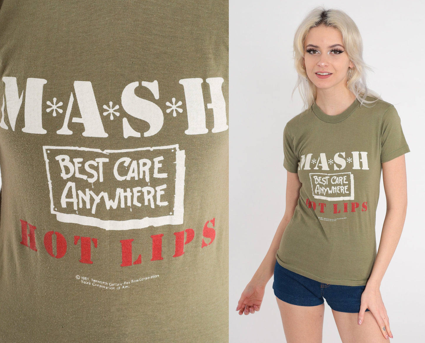 80s M*A*S*H Hot Lips Graphic T-Shirt Olive Green Extra Small XS