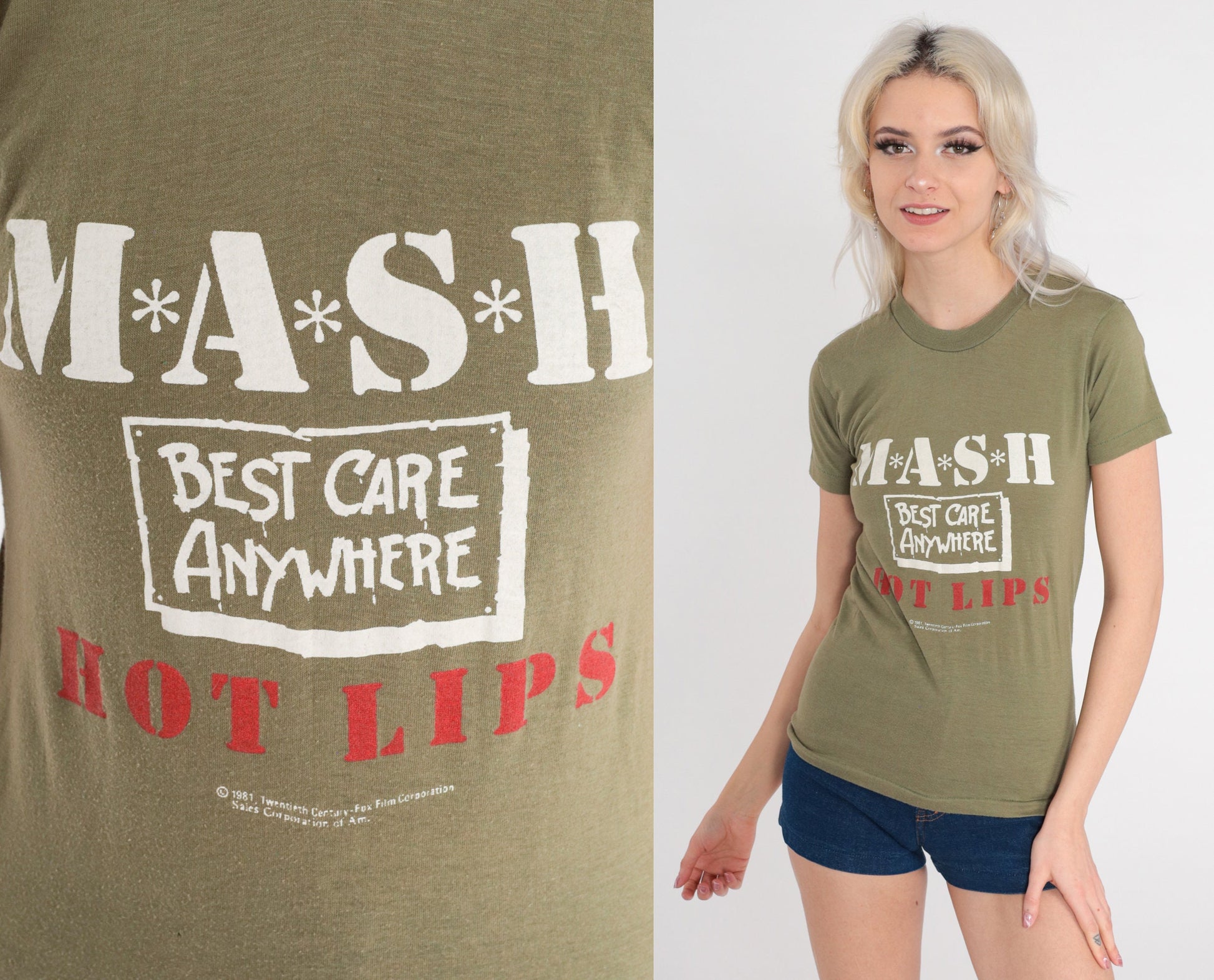 80s M*A*S*H Hot Lips Graphic T-Shirt Olive Green Extra Small XS
