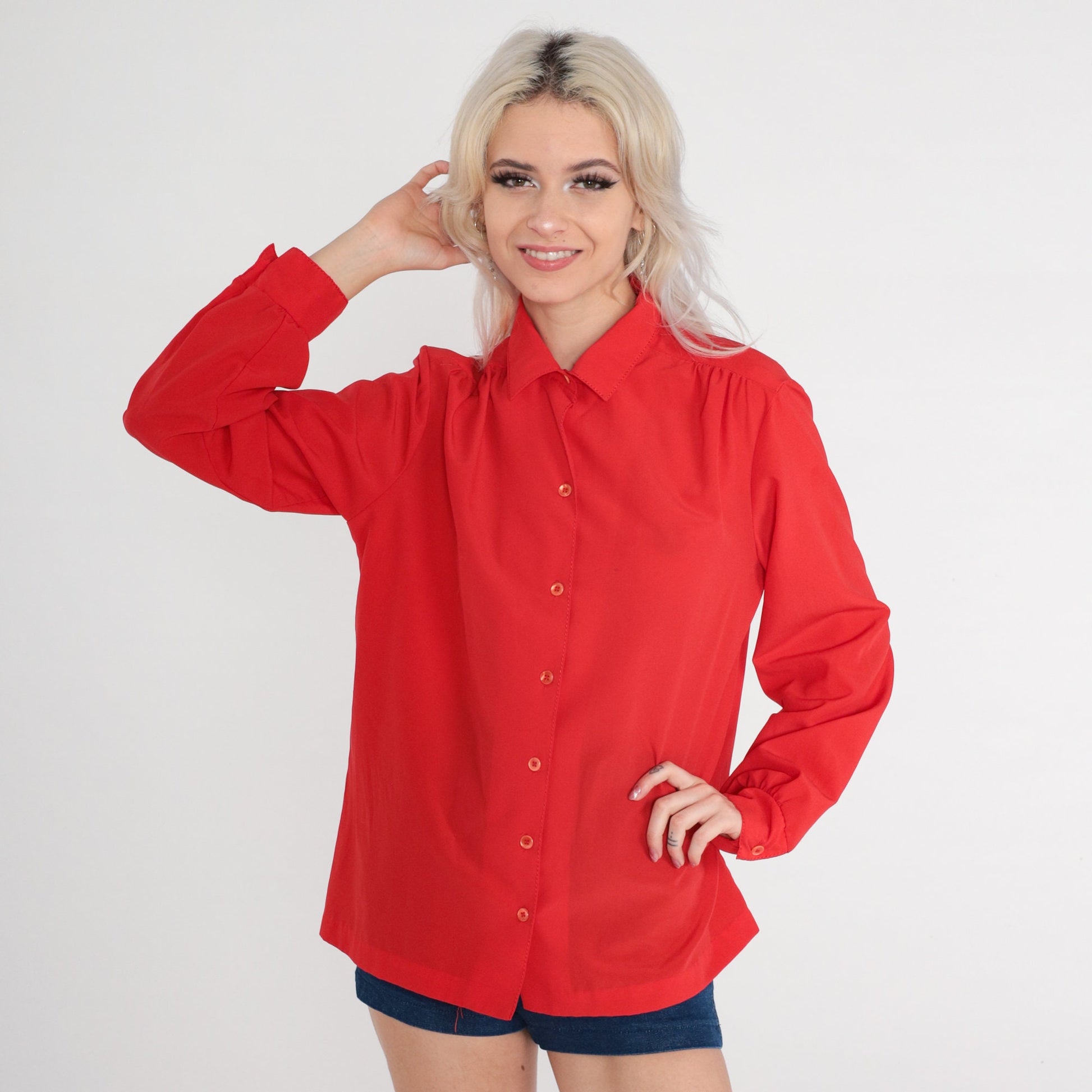 80s Red Button-Up Blouse Long Sleeve Collared Shirt Large L