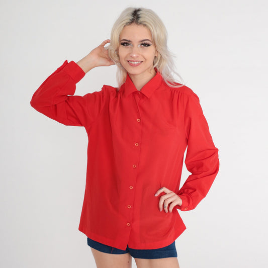 80s Red Button-Up Blouse Long Sleeve Collared Shirt Large L
