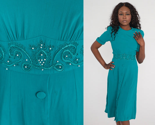 80s Teal Beaded Midi Dress Puff Sleeve High Waist Button Front Extra Small