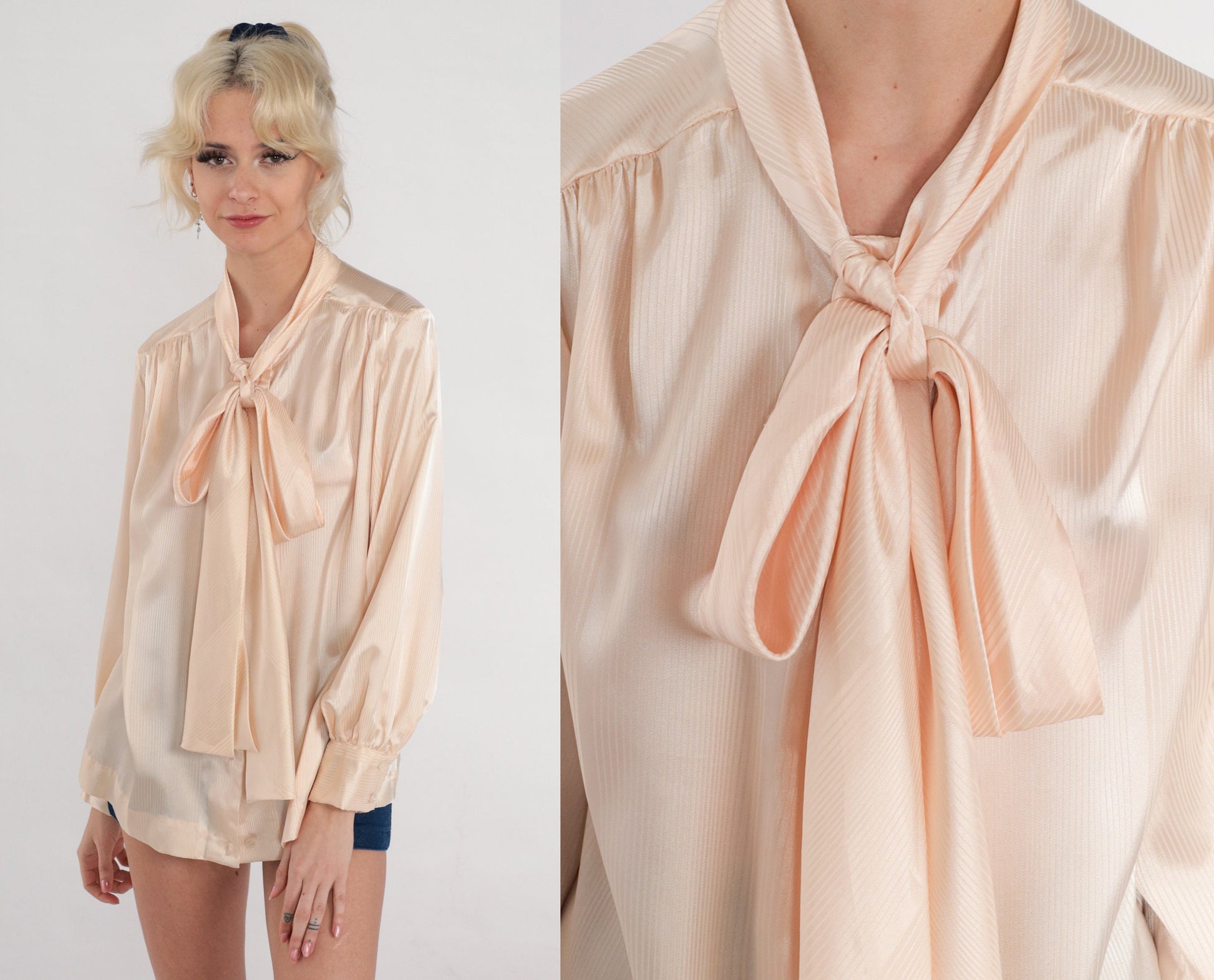 80s Blush Ascot Blouse Shiny Balloon Sleeve Button Up Medium