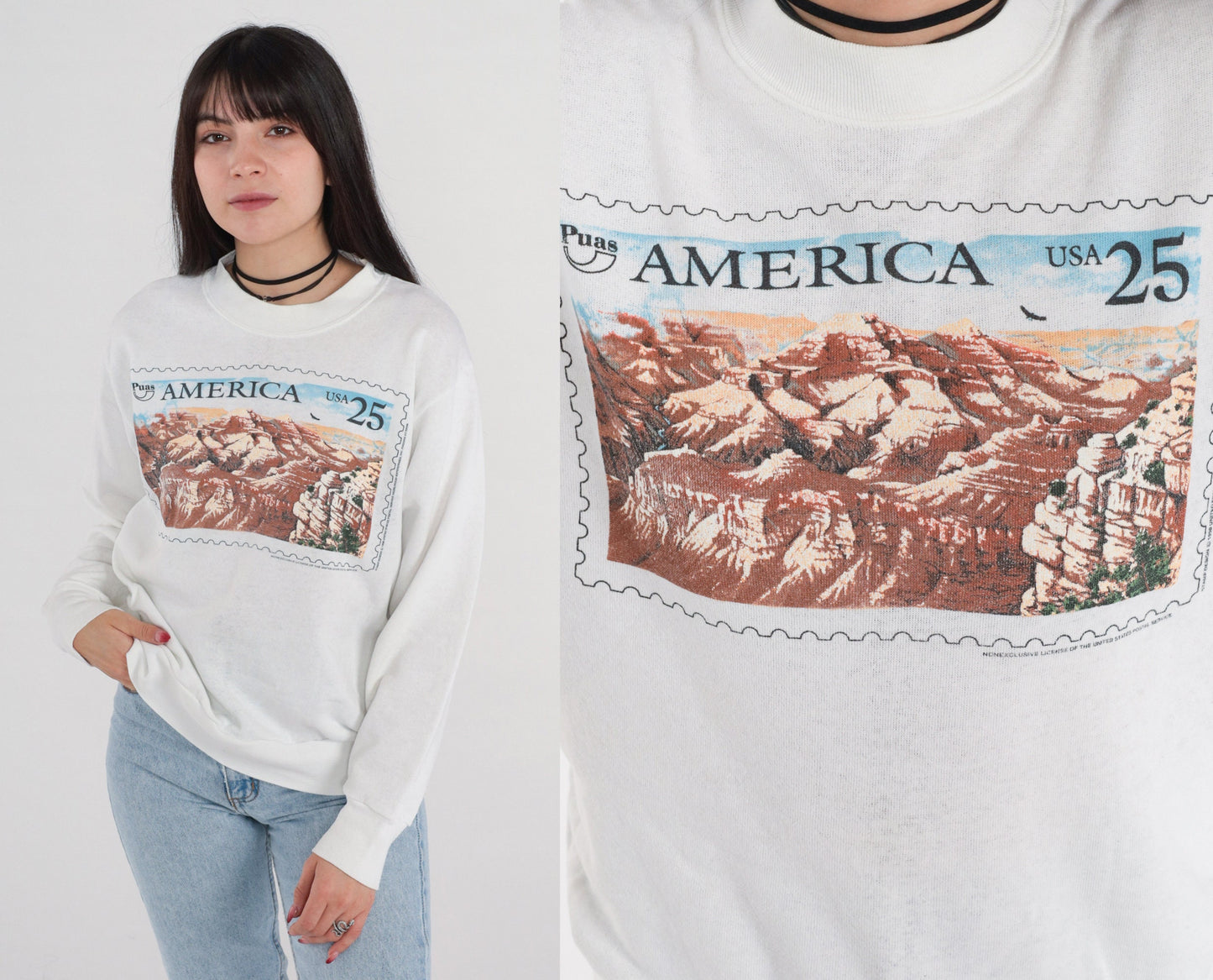 90s Puas America Grand Canyon Stamp Sweatshirt White Distressed Small