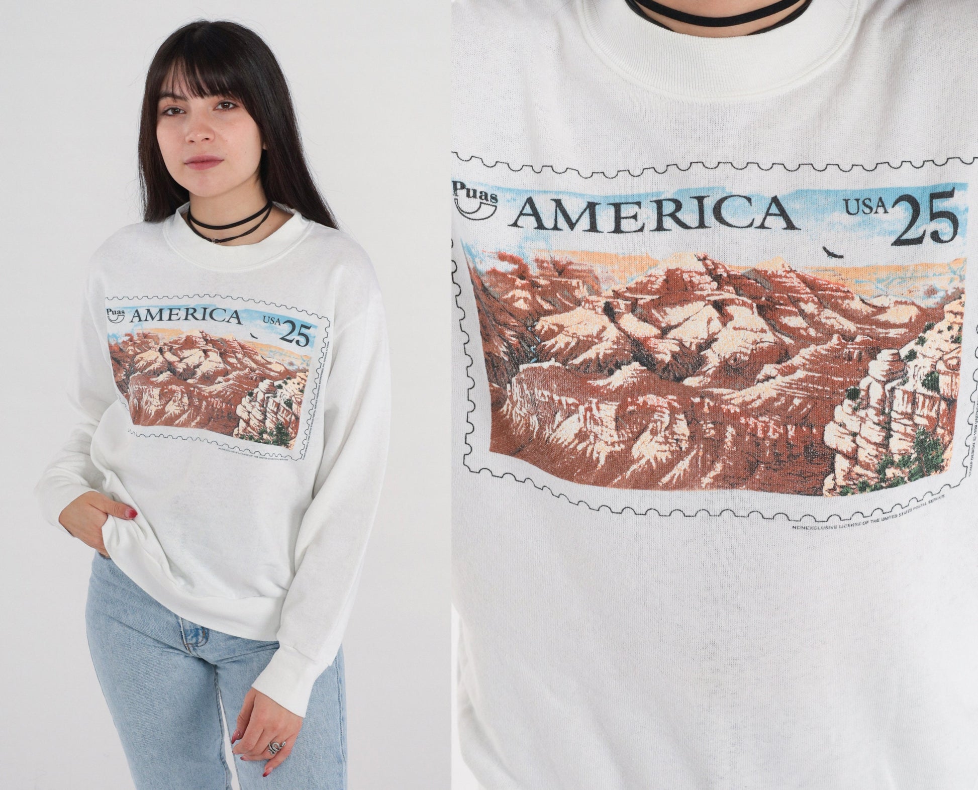 90s Puas America Grand Canyon Stamp Sweatshirt White Distressed Small