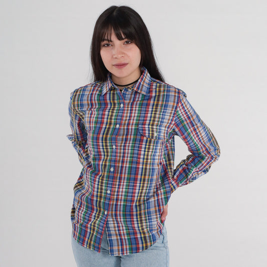 90s Blue Plaid Button Up Blouse Long Sleeve Cotton Blend Small S