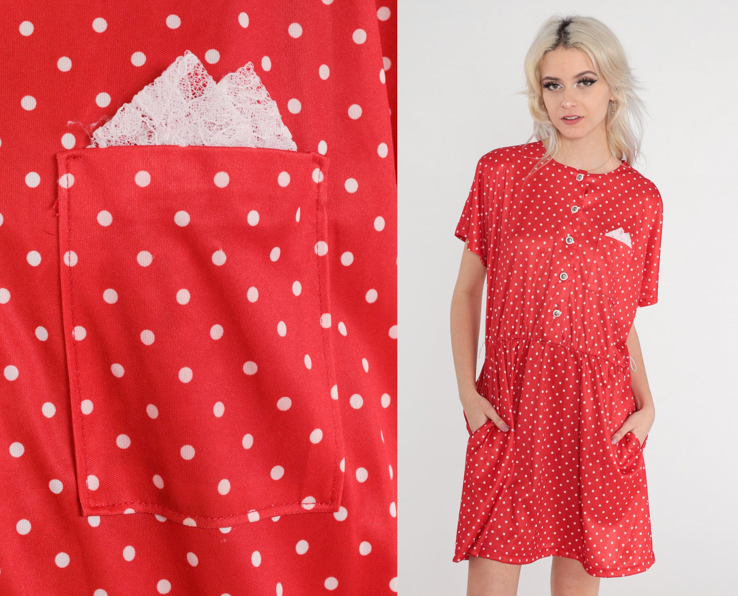 80s Red Polka Dot Button-Up Mini Dress High Waist Shirtdress Large