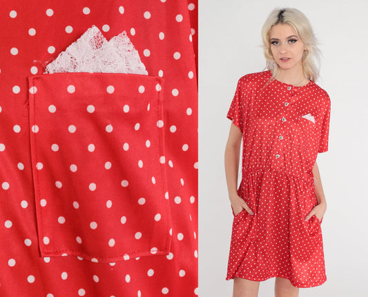 80s Red Polka Dot Button-Up Mini Dress High Waist Shirtdress Large