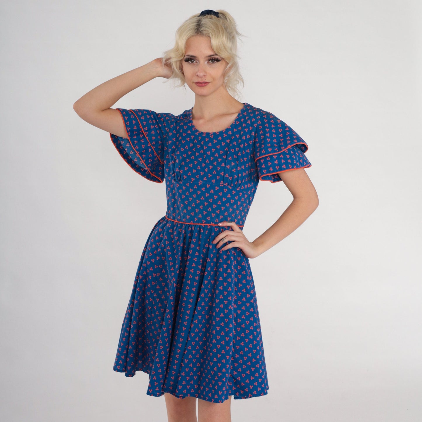 60s Blue Square Dot Mini Dress Flutter Sleeve High Waist Full Skirt Extra Small