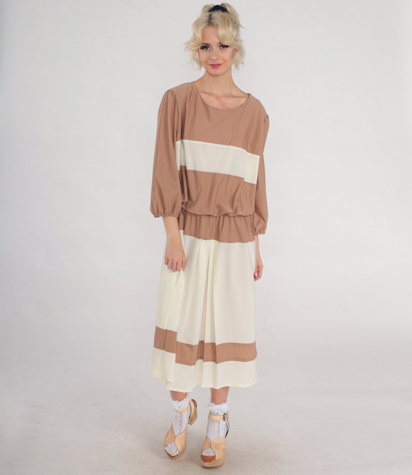 70s Striped Blouson Midi Dress Brown White Pleated Long Sleeve XXL