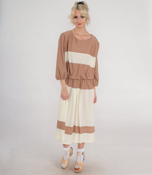 70s Striped Blouson Midi Dress Brown White Pleated Long Sleeve XXL