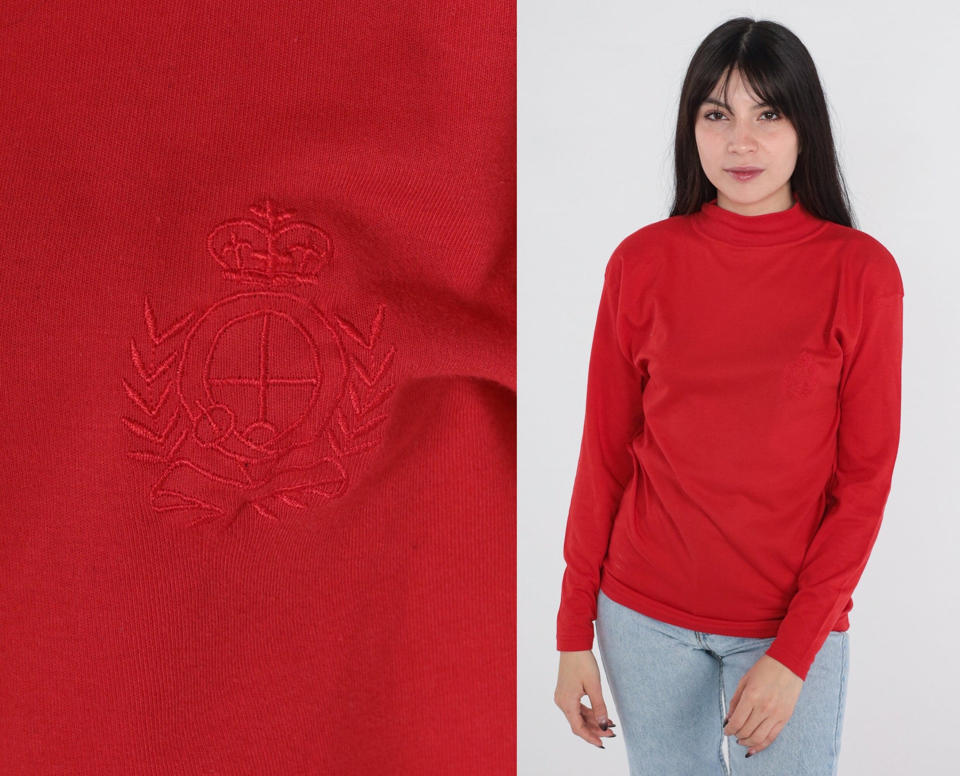 90s Red Mock Neck Crest Long Sleeve T-Shirt Small S