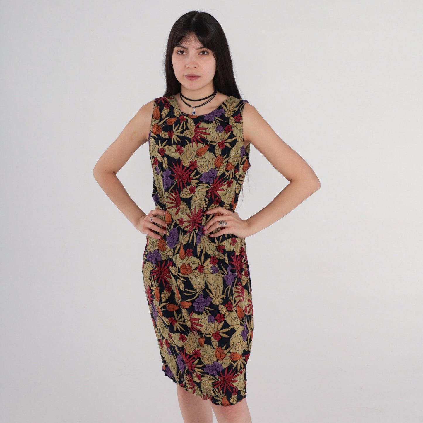 00s Tropical Floral Rayon Sheath Dress Sleeveless Knee-Length Medium