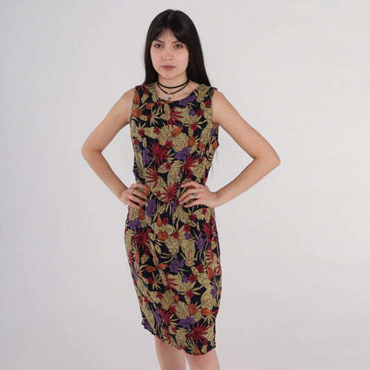 00s Tropical Floral Rayon Sheath Dress Sleeveless Knee-Length Medium
