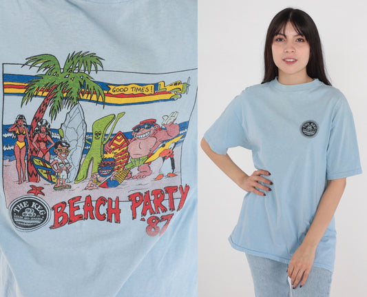 80s The Keg Steak and Seafood T-Shirt Baby Blue Gumby Graphic Tee Medium