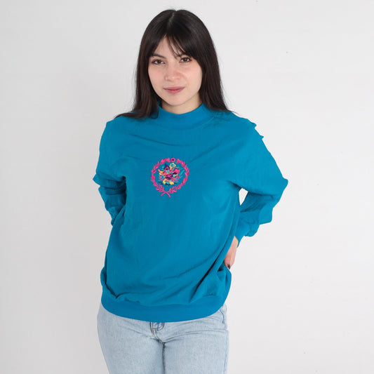 90s Blue Floral Embroidered Mockneck Sweatshirt Raglan Pullover Medium M