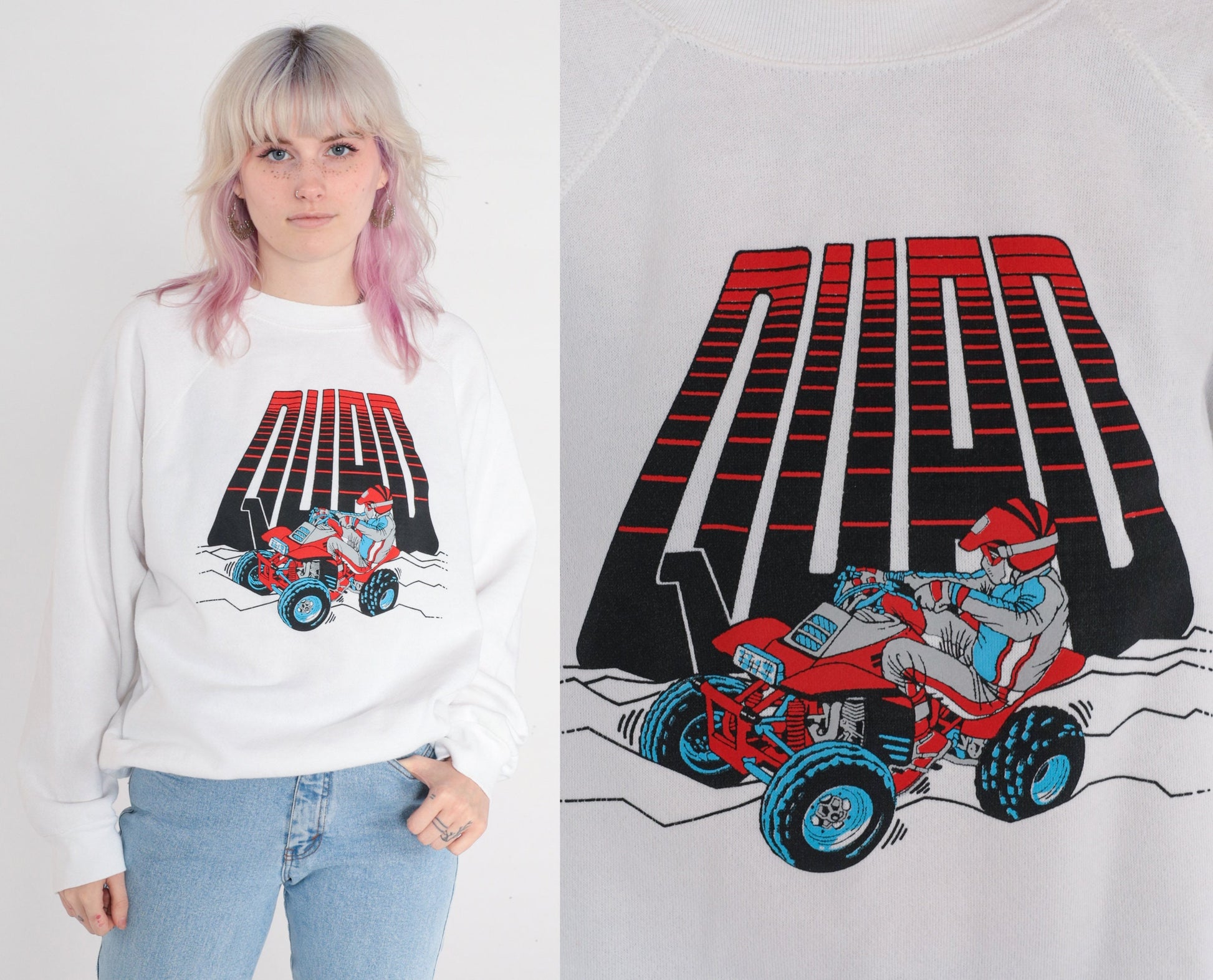 90s Quad Bike ATV Graphic Sweatshirt White Raglan Crewneck Extra Large XXL