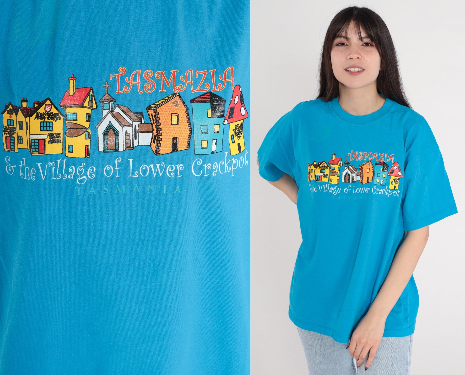 90s Tasmazia Australia Graphic T-Shirt Village Lower Crackpot Blue Large L