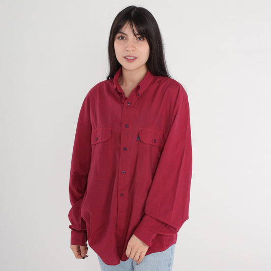 80s Levi's Railroad Stripe Button-Up Shirt Red Navy Long Sleeve Large