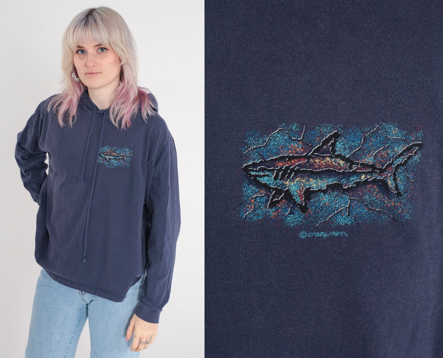 90s Crazy Shirts Laguna Beach Shark Hooded T-Shirt Navy Medium