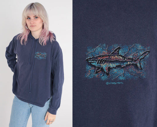 90s Crazy Shirts Laguna Beach Shark Hooded T-Shirt Navy Medium