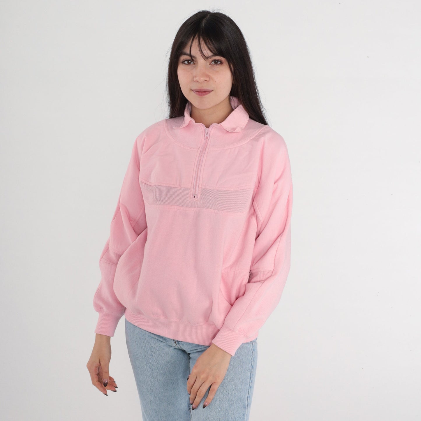 80s Baby Pink Quarter Zip Sweatshirt Striped Collar Pullover Small