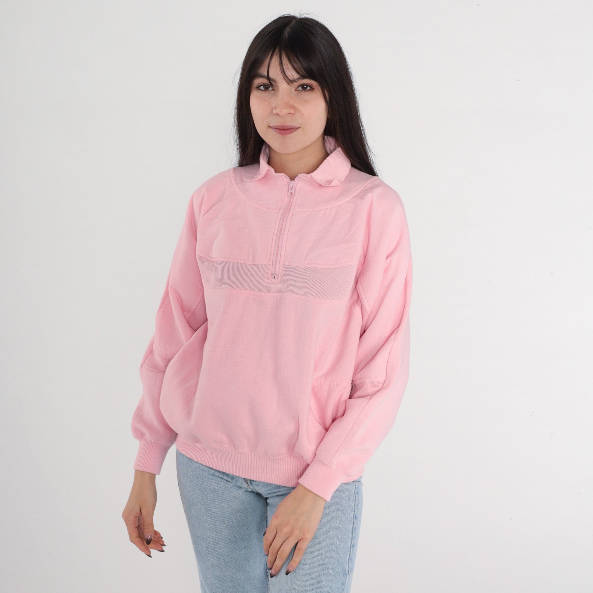 80s Baby Pink Quarter Zip Sweatshirt Striped Collar Pullover Small