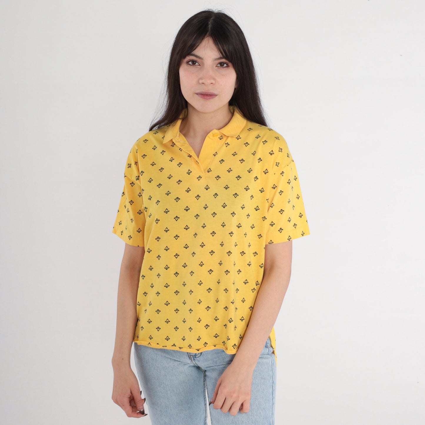 80s Yellow Polo Shirt Triangle Print Half Button Collared Top Medium