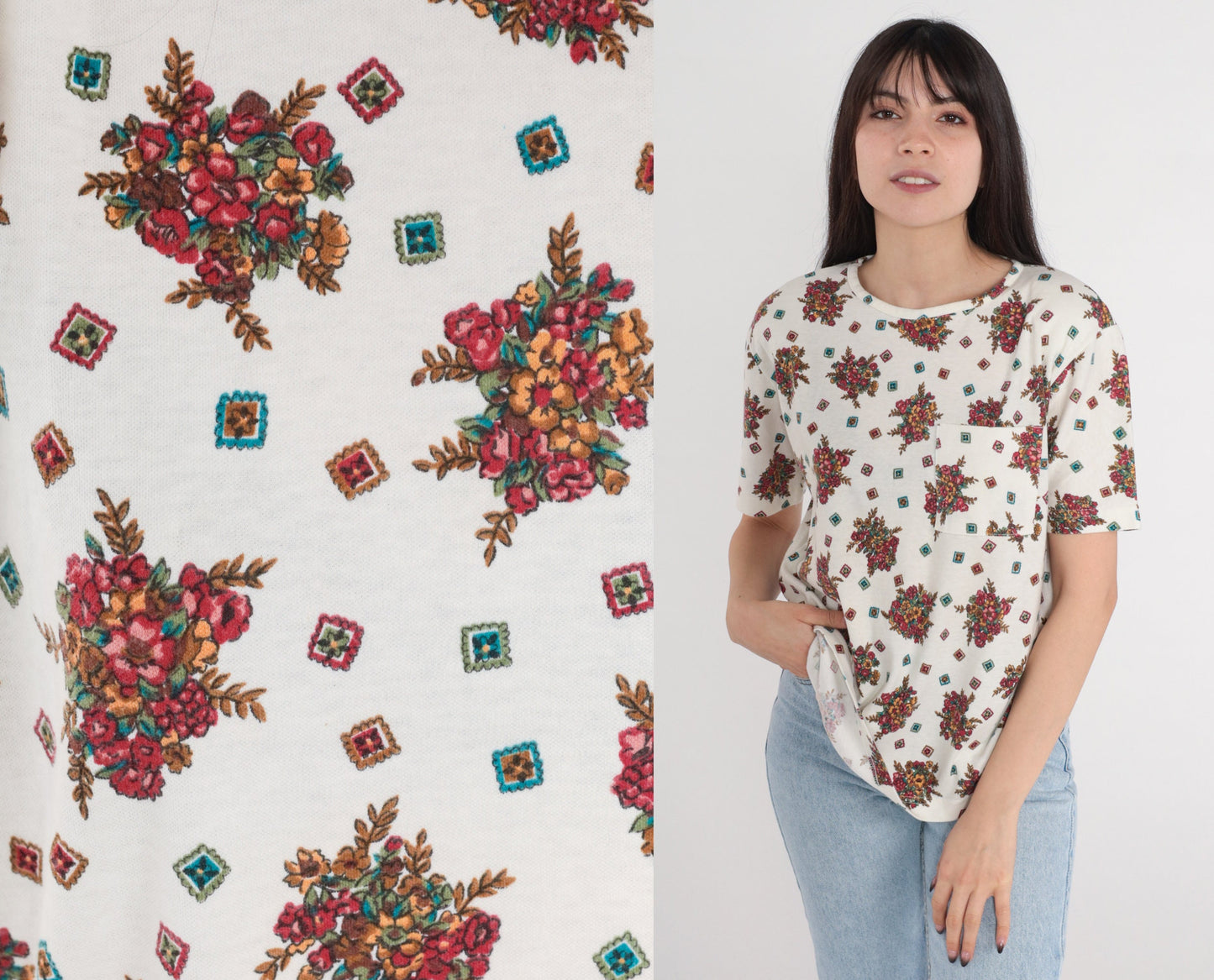90s Floral Tile Print Pocket T-Shirt White Graphic Tee Small S