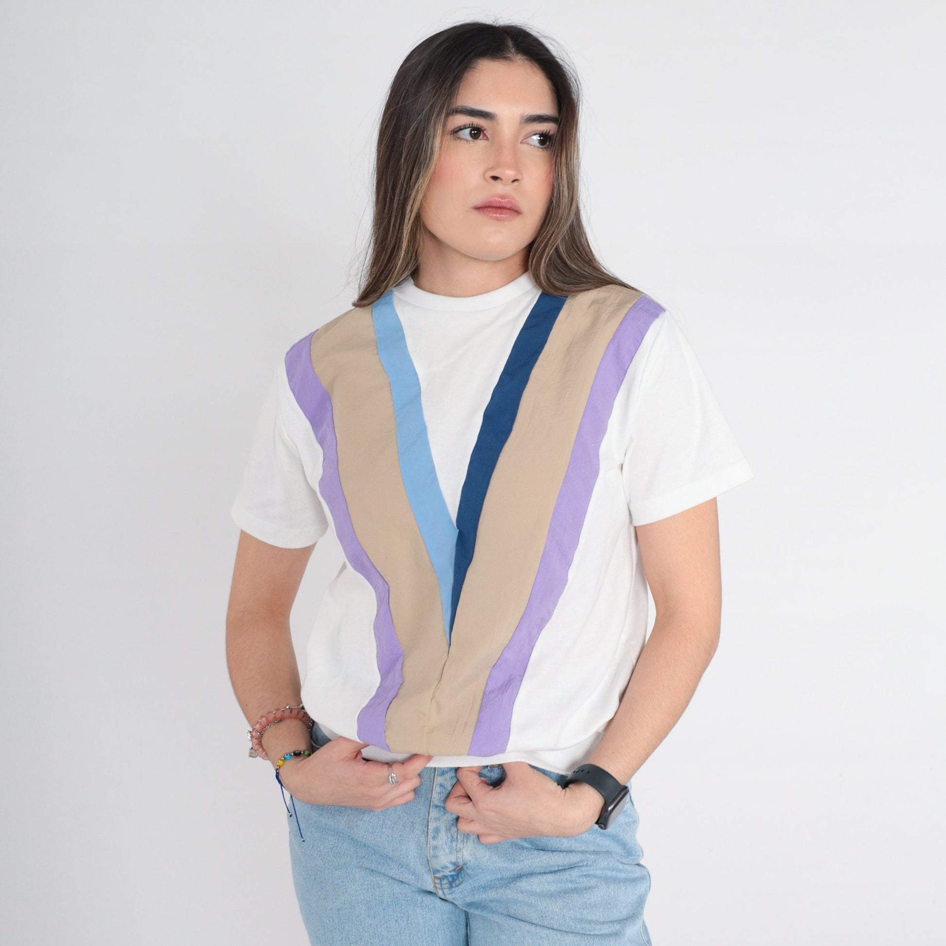 80s Chevron Striped T-Shirt White Blue Purple Banded Hem Small Medium