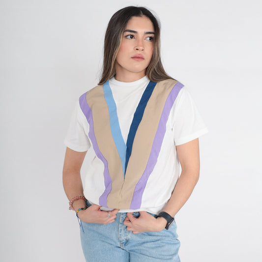 80s Chevron Striped T-Shirt White Blue Purple Banded Hem Small Medium