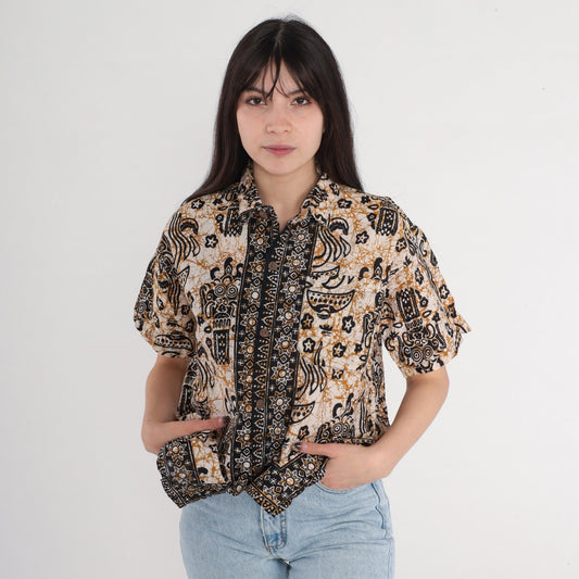 Y2K Indonesian Batik Button Up Blouse Celestial Print Cotton Short Sleeve Medium M