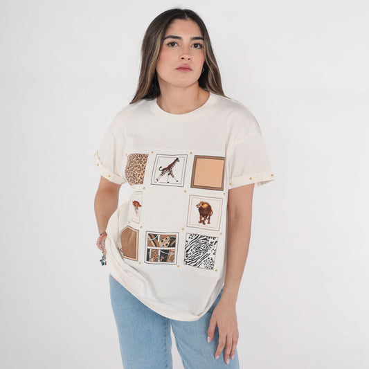 90s Safari Animal Graphic T-Shirt Gold Studs Giraffe Lion Tiger White Medium M
