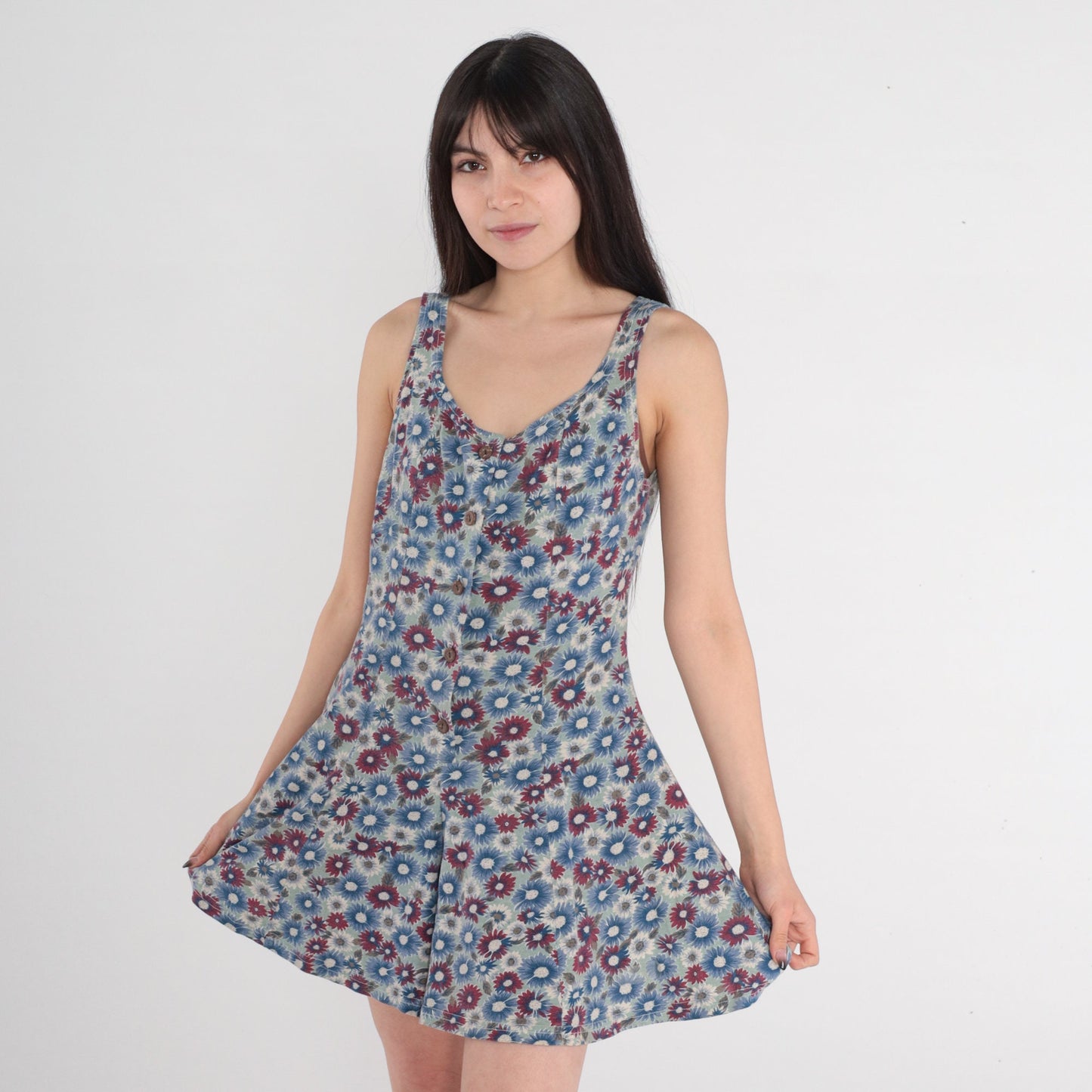 90s Floral Button-Up Romper Sleeveless Wide Leg Blue Red Daisy Small