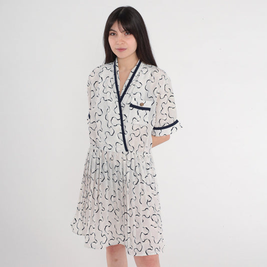 80s Squiggle Print Mini Dress White Navy Faux Wrap Pleated V-Neck Large